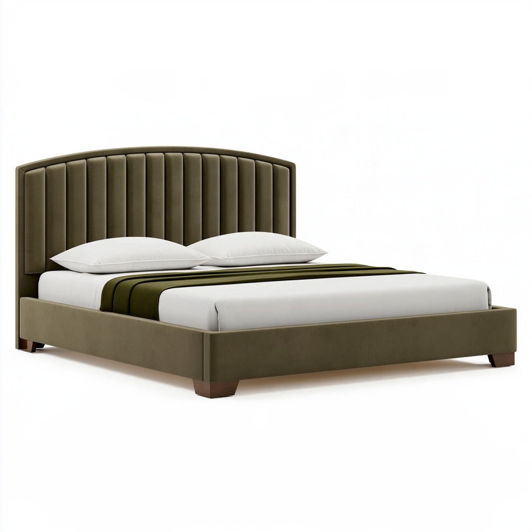 Letto matrimoniale 160 x 200 cm imbottito verde oliva con testiera curva a canali stile moderno