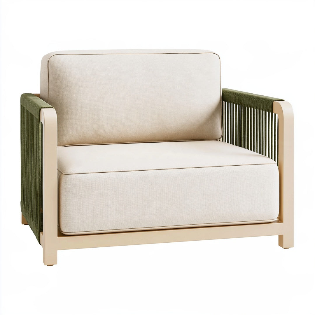 Poltrona 85 x 80 x 78 cm in tessuto avorio con corda verde e struttura in legno stile contemporaneo