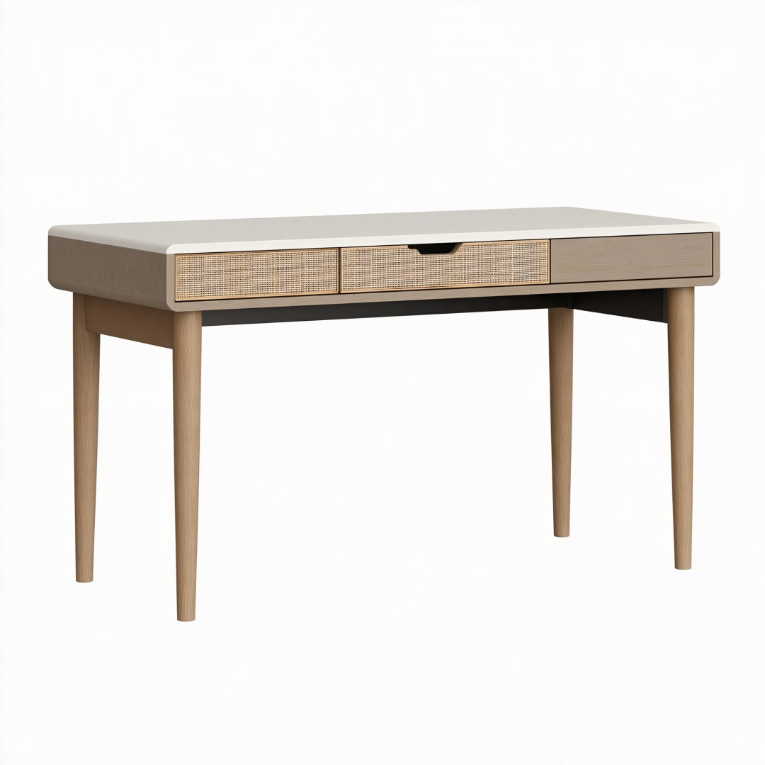 Scrivania 120 x 60 x 76 cm in legno beige con cassetti e pannelli in rattan stile moderno