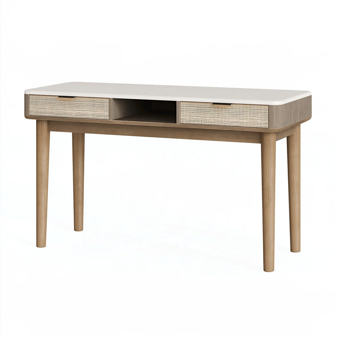 Scrivania 120 x 55 x 76 cm in legno beige con cassetti e pannelli intrecciati