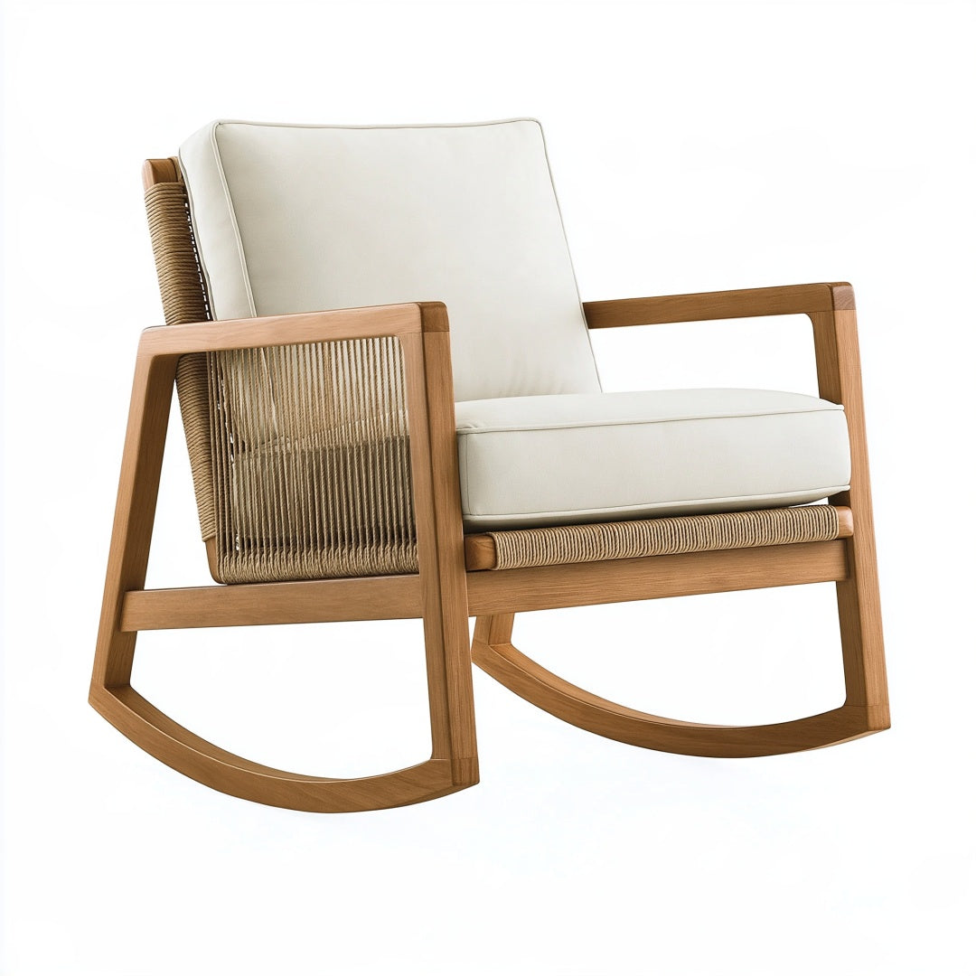 Sedia a dondolo 70 x 90 x 95 cm in legno naturale con corda intrecciata e seduta avorio