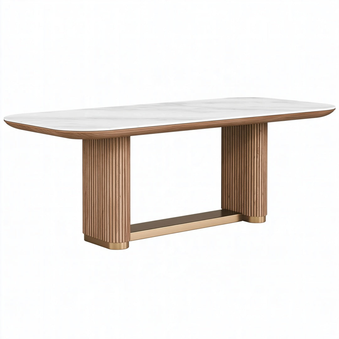 Tavolo da pranzo 200 x 100 x 75 cm in pietra sinterizzata bianca e legno marrone stile contemporaneo