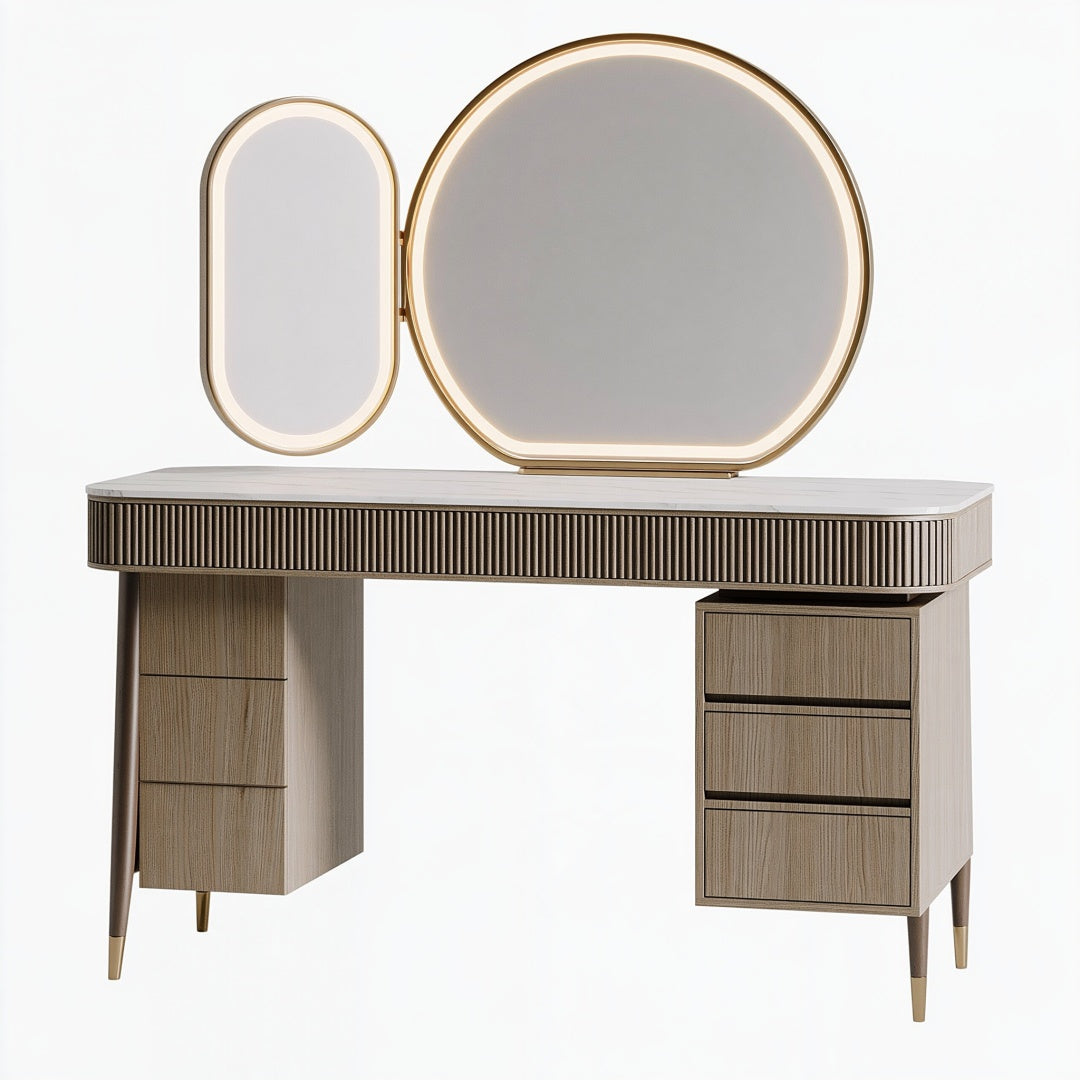Tavolo da toeletta 120 x 45 x 150 cm in legno beige con specchio illuminato e cassetti stile contemporaneo