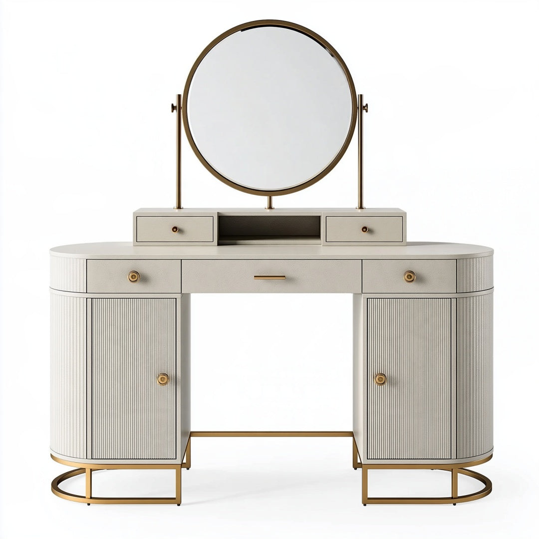 Toeletta 140 x 45 x 155 cm in legno avorio con specchio e cassetti stile moderno