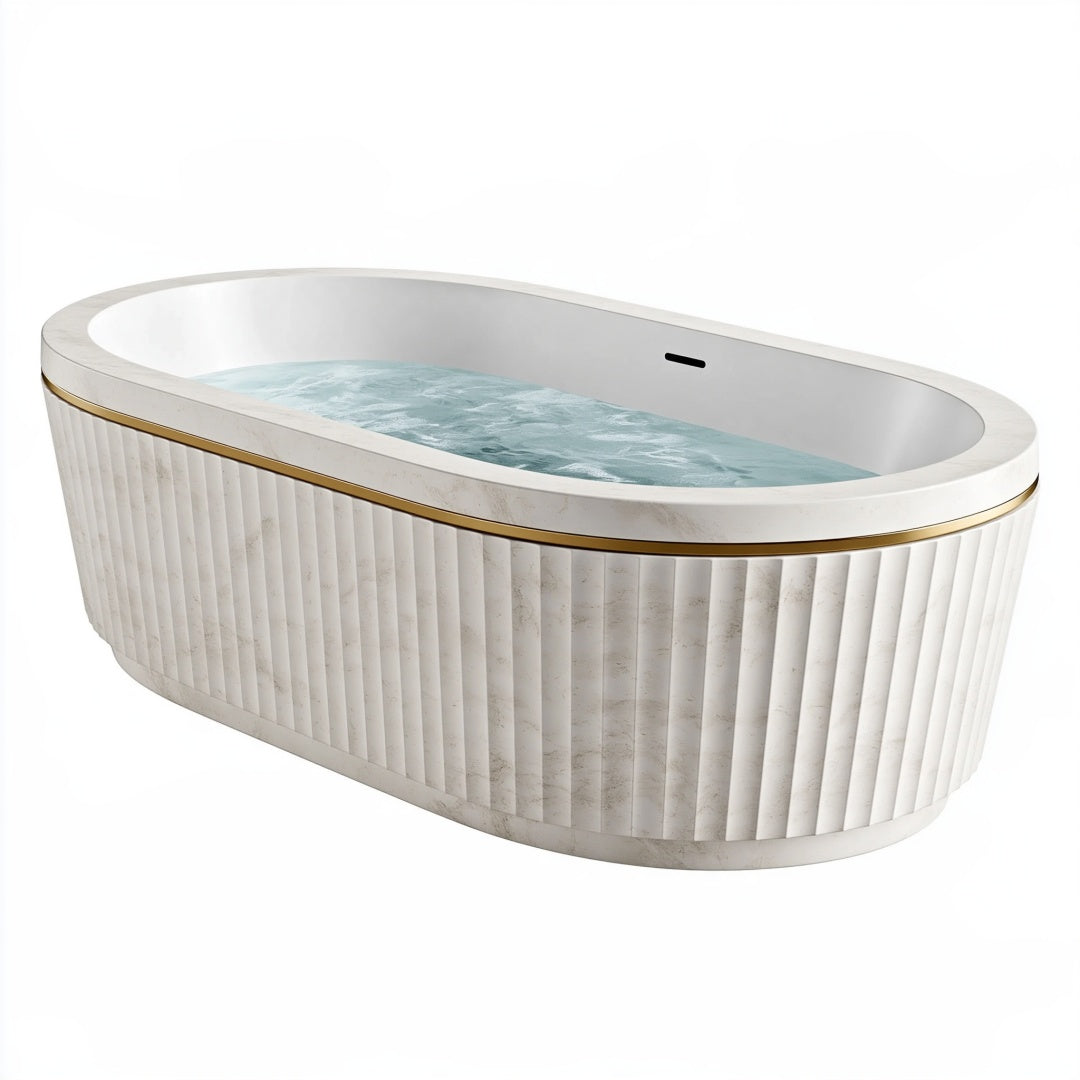 Vasca da bagno ovale 170x80x58 cm bianca effetto marmo con bordo dorato stile moderno