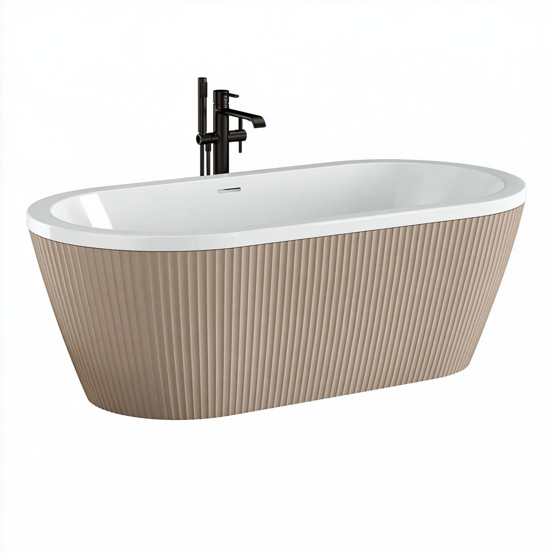 Vasca da bagno freestanding 170 x 75 cm in acrilico bianco e beige con rivestimento scanalato